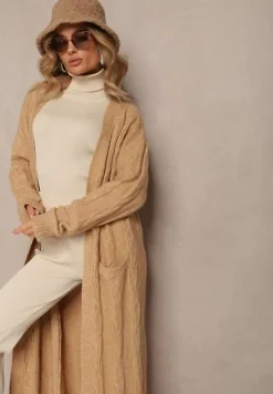 Beżowy Kardigan o Wydłużonym Fasonie Niezapinany ze Splotem w Warkocz Ottimia