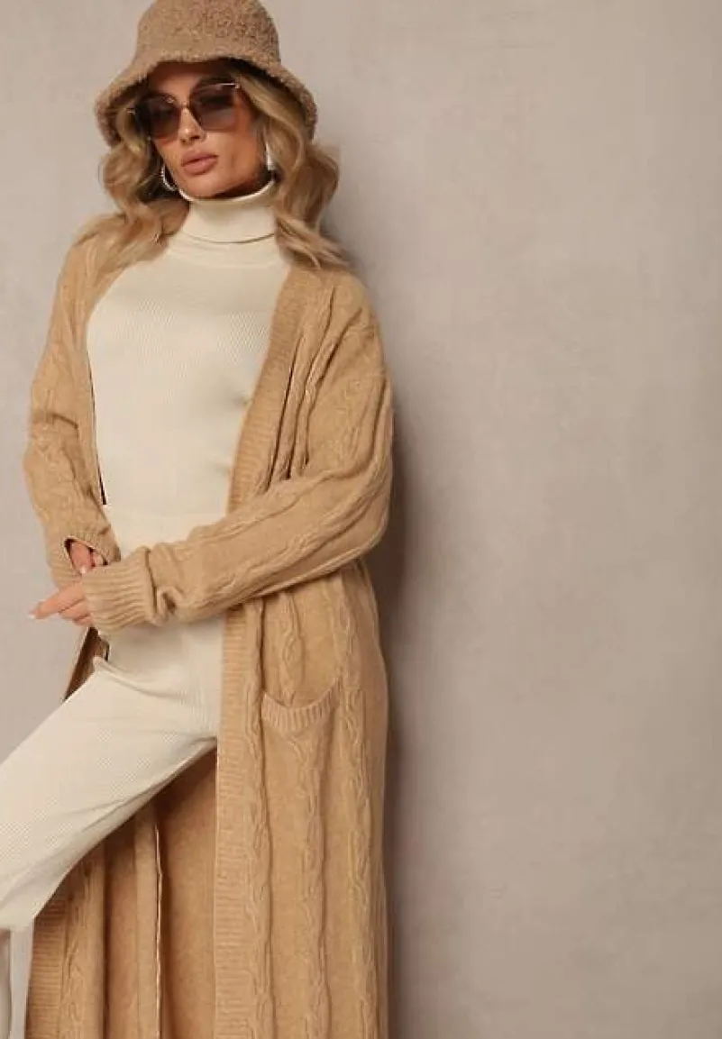 Beżowy Kardigan o Wydłużonym Fasonie Niezapinany ze Splotem w Warkocz Ottimia