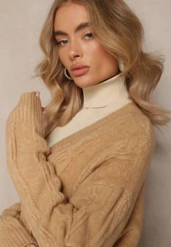 Beżowy Kardigan o Wydłużonym Fasonie Niezapinany ze Splotem w Warkocz Ottimia