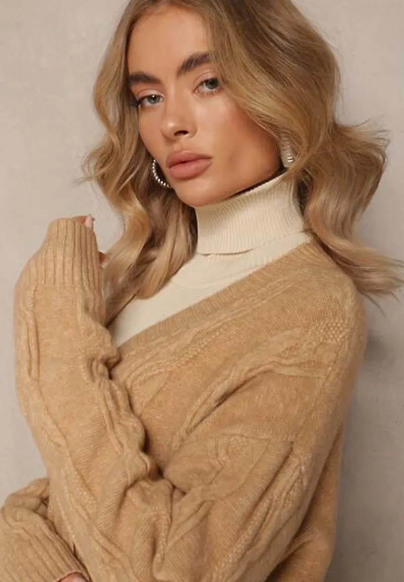 Beżowy Kardigan o Wydłużonym Fasonie Niezapinany ze Splotem w Warkocz Ottimia