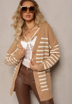 Beżowy Kardigan w Paski o Wydłużonym Fasonie z Dekoltem V Zapinany na Guziki Ravime