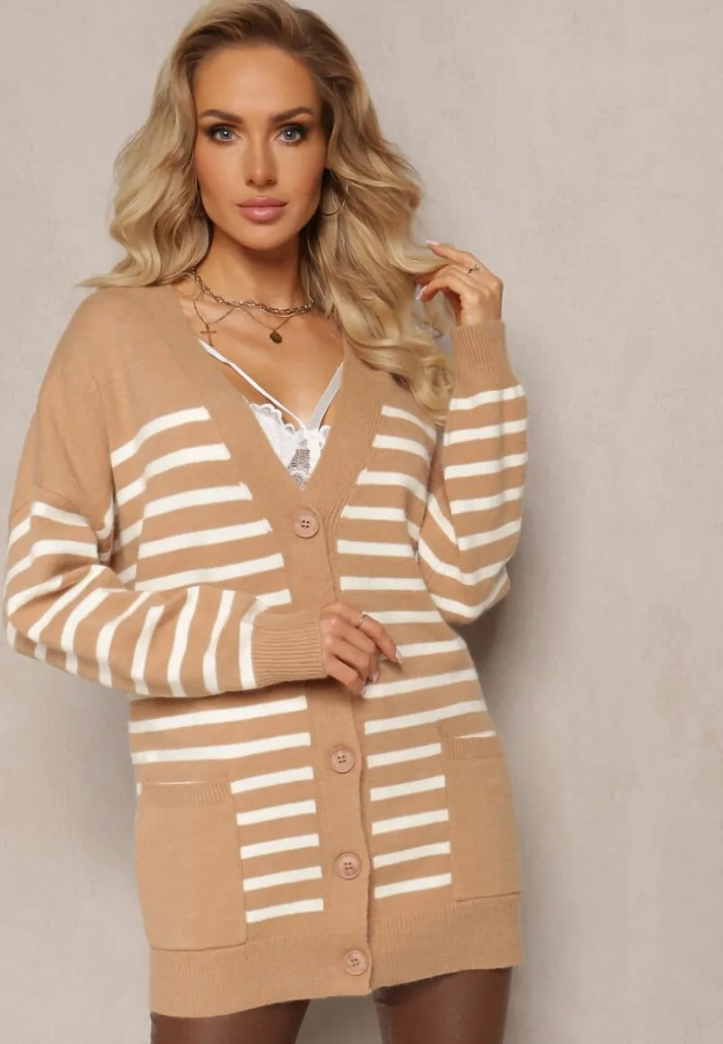 Beżowy Kardigan w Paski o Wydłużonym Fasonie z Dekoltem V Zapinany na Guziki Ravime