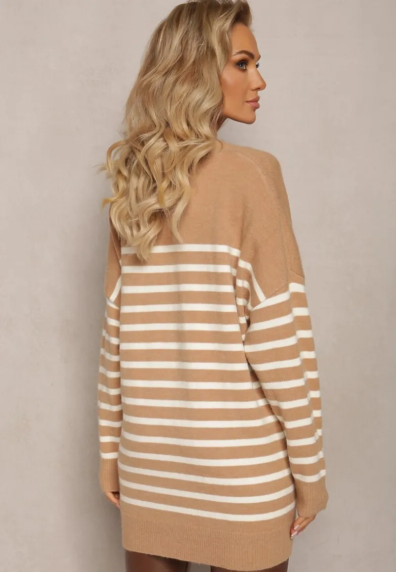 Beżowy Kardigan w Paski o Wydłużonym Fasonie z Dekoltem V Zapinany na Guziki Ravime