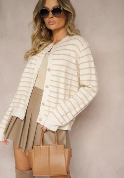 Beżowy Kardigan w Paski Zapinany na Guziki Irihae