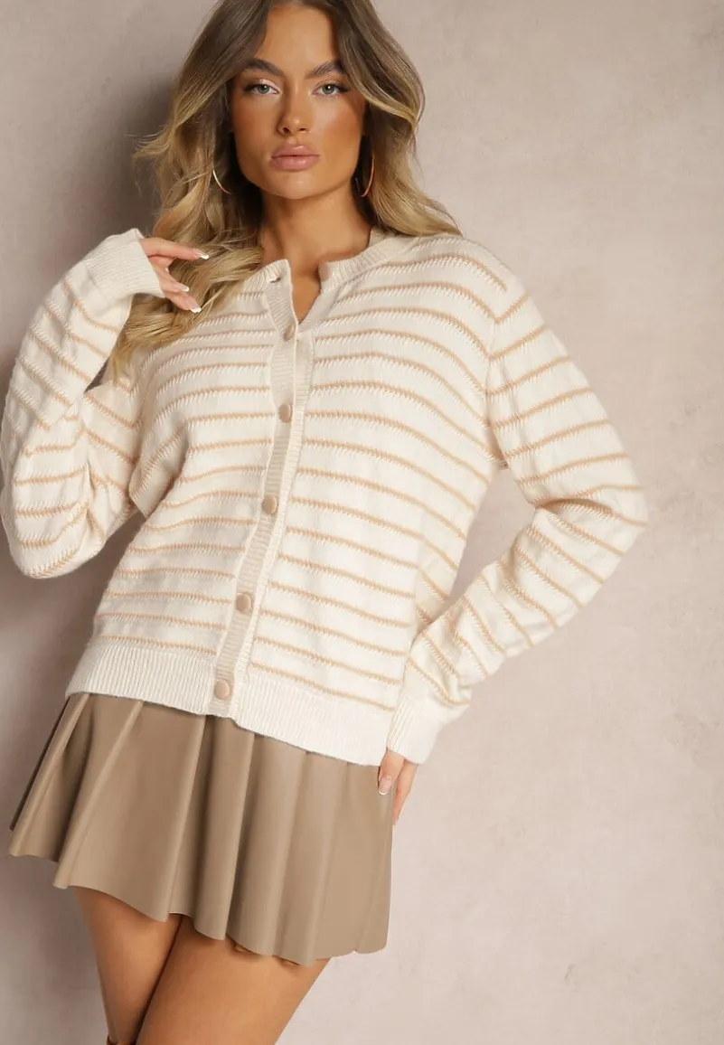 Beżowy Kardigan w Paski Zapinany na Guziki Irihae