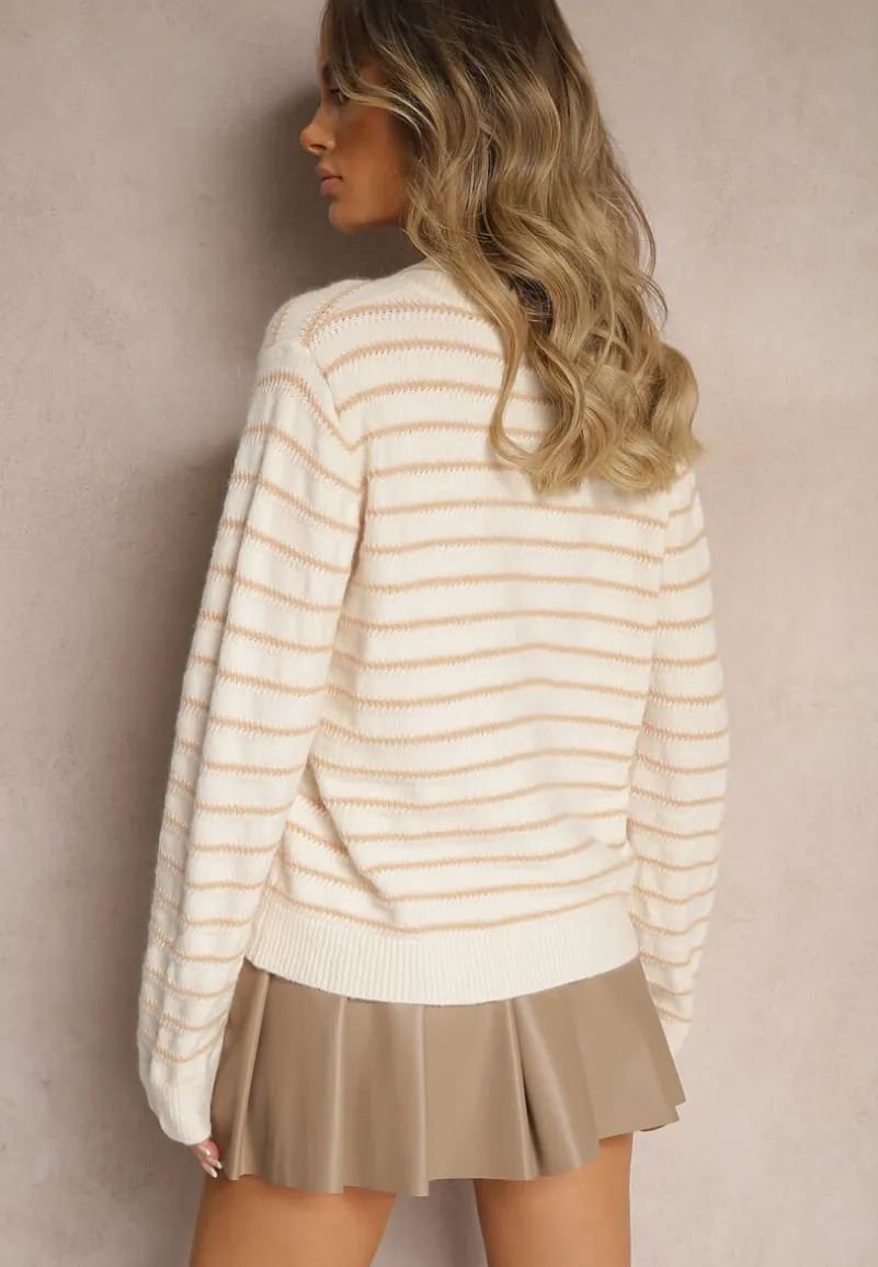 Beżowy Kardigan w Paski Zapinany na Guziki Irihae