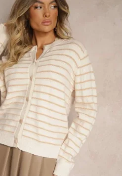 Beżowy Kardigan w Paski Zapinany na Guziki Irihae