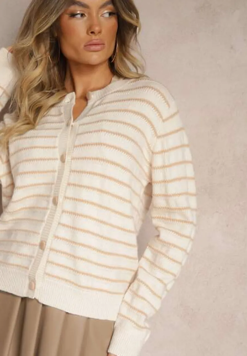 Beżowy Kardigan w Paski Zapinany na Guziki Irihae