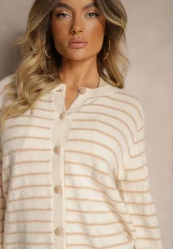 Beżowy Kardigan w Paski Zapinany na Guziki Irihae