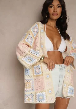 Beżowy Kardigan z Bawełny Ozdobiony Ażurowym Motywem Zorelle