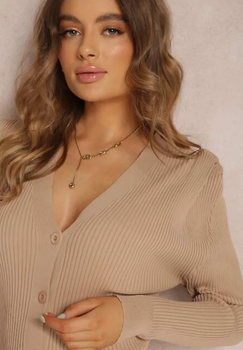 Beżowy Kardigan z Bufkami na Ramionach Toze