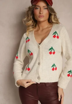 Beżowy Kardigan z Dekoltem w Kształcie Litery V we Wzór z Wisienkami Nelanel