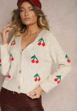 Beżowy Kardigan z Dekoltem w Kształcie Litery V we Wzór z Wisienkami Nelanel