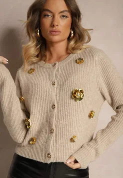 Beżowy Kardigan z Dodatkiem Wełny na Guziki z Kwiatami 3D Zemisya