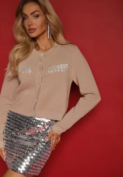 Beżowy Kardigan z Frędzlami Ozdobionymi Cyrkoniami i Guzikami w Kształcie Kwiatków Alinessa