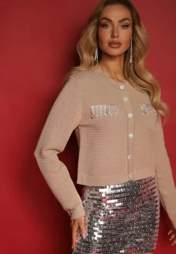 Beżowy Kardigan z Frędzlami Ozdobionymi Cyrkoniami i Guzikami w Kształcie Kwiatków Alinessa