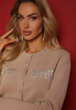 Beżowy Kardigan z Frędzlami Ozdobionymi Cyrkoniami i Guzikami w Kształcie Kwiatków Alinessa