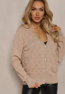 Beżowy Kardigan z Ozdobnymi Guzikami i Ściągaczami Zymira