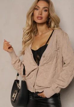 Beżowy Kardigan z Ozdobnymi Guzikami i Ściągaczami Zymira