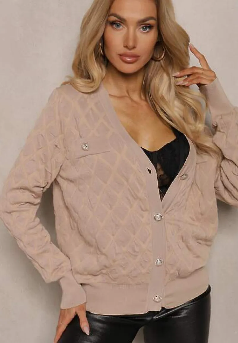 Beżowy Kardigan z Ozdobnymi Guzikami i Ściągaczami Zymira