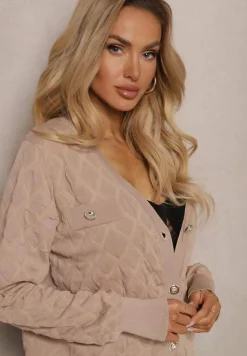 Beżowy Kardigan z Ozdobnymi Guzikami i Ściągaczami Zymira