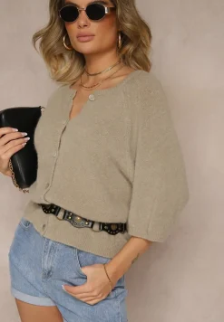 Beżowy Kardigan z Rękawem 3/4 z Dodatkiem Wełny Iffarisse