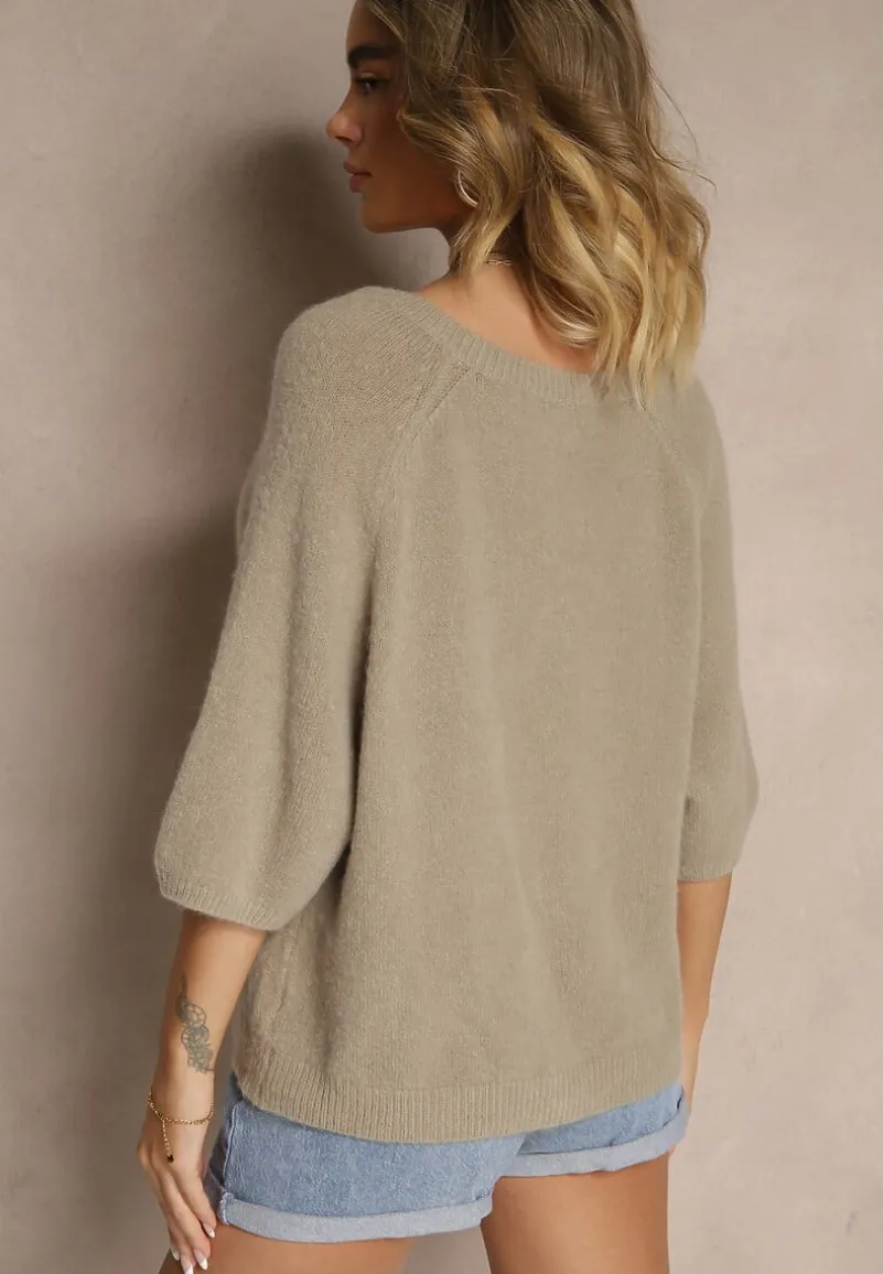 Beżowy Kardigan z Rękawem 3/4 z Dodatkiem Wełny Iffarisse