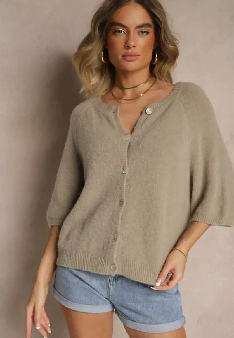 Beżowy Kardigan z Rękawem 3/4 z Dodatkiem Wełny Iffarisse