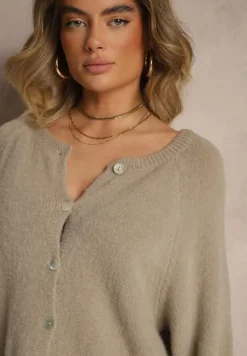 Beżowy Kardigan z Rękawem 3/4 z Dodatkiem Wełny Iffarisse