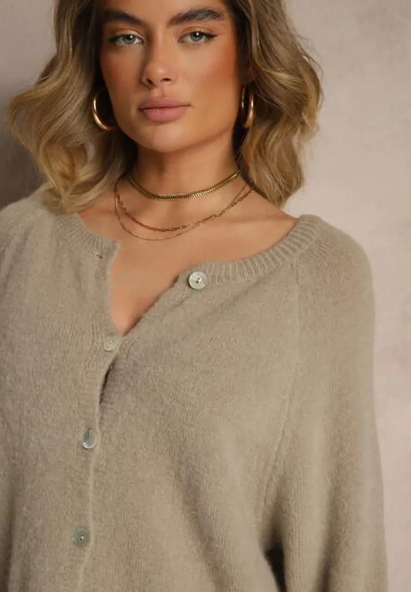 Beżowy Kardigan z Rękawem 3/4 z Dodatkiem Wełny Iffarisse