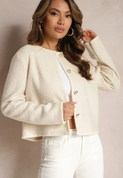 Beżowy Kardigan z Teksturowanego Materiału z Biżuteryjnymi Guzikami Omeria