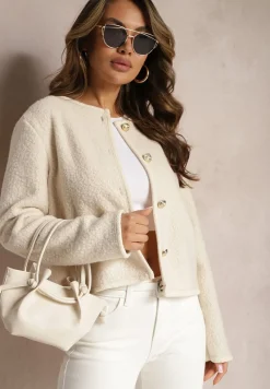 Beżowy Kardigan z Teksturowanego Materiału z Biżuteryjnymi Guzikami Omeria