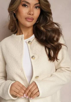 Beżowy Kardigan z Teksturowanego Materiału z Biżuteryjnymi Guzikami Omeria