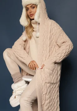 Beżowy Kardigan z Tłoczonej Dzianiny z Wełną i Wiskozą z Kapturem i Kieszeniami Vaileth