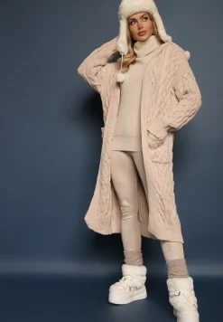 Beżowy Kardigan z Tłoczonej Dzianiny z Wełną i Wiskozą z Kapturem i Kieszeniami Vaileth