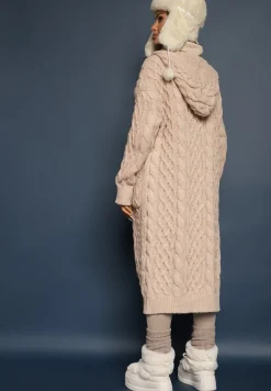 Beżowy Kardigan z Tłoczonej Dzianiny z Wełną i Wiskozą z Kapturem i Kieszeniami Vaileth