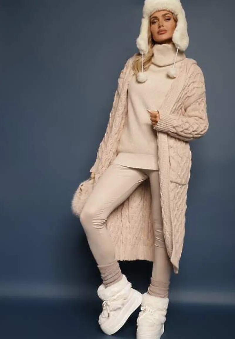 Beżowy Kardigan z Tłoczonej Dzianiny z Wełną i Wiskozą z Kapturem i Kieszeniami Vaileth