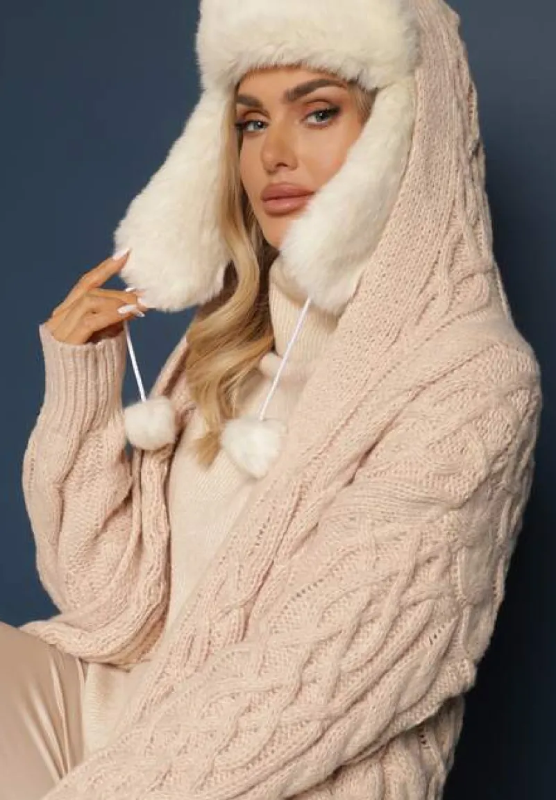 Beżowy Kardigan z Tłoczonej Dzianiny z Wełną i Wiskozą z Kapturem i Kieszeniami Vaileth