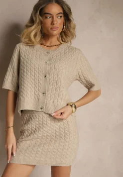 Beżowy Kardigan z Wełną i Ozdobnymi Guzikami i Tłoczeniem Halanira