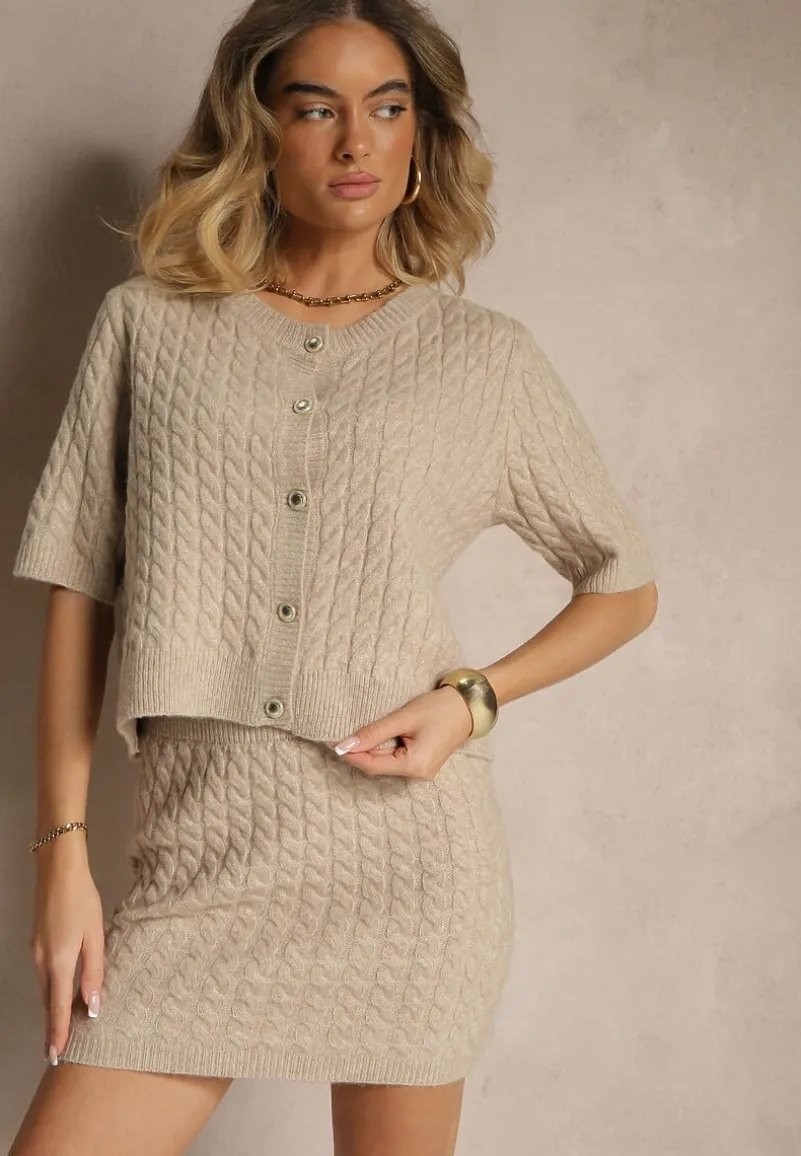 Beżowy Kardigan z Wełną i Ozdobnymi Guzikami i Tłoczeniem Halanira