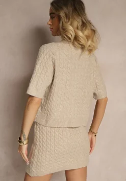 Beżowy Kardigan z Wełną i Ozdobnymi Guzikami i Tłoczeniem Halanira