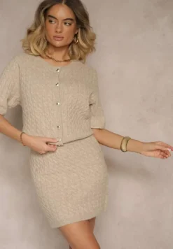 Beżowy Kardigan z Wełną i Ozdobnymi Guzikami i Tłoczeniem Halanira