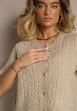 Beżowy Kardigan z Wełną i Ozdobnymi Guzikami i Tłoczeniem Halanira