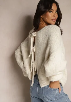 Beżowy Kardigan z Wełną o Kroju Oversize z Wiązanymi Kokardami Elearina