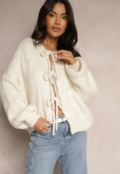 Beżowy Kardigan z Wełną o Kroju Oversize z Wiązanymi Kokardami Elearina