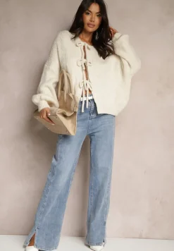 Beżowy Kardigan z Wełną o Kroju Oversize z Wiązanymi Kokardami Elearina