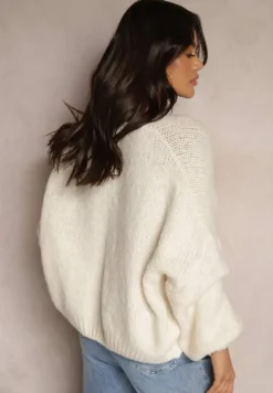 Beżowy Kardigan z Wełną o Kroju Oversize z Wiązanymi Kokardami Elearina