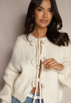 Beżowy Kardigan z Wełną o Kroju Oversize z Wiązanymi Kokardami Elearina