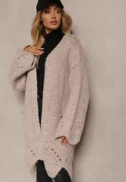 Beżowy Kardigan z Wełną Ozdobiony Wsuwanymi Kieszeniami i Ażurowym Motywem Elliosia