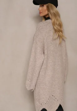 Beżowy Kardigan z Wełną Ozdobiony Wsuwanymi Kieszeniami i Ażurowym Motywem Elliosia